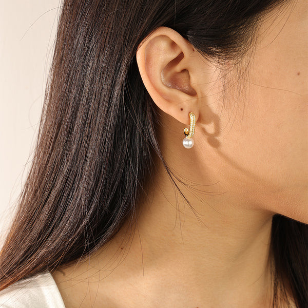 FE2104 Shell Pearl Pave Cubic Zirconia Hoop Earrings