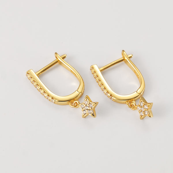 FE2239 925 Sterling Silver Shining Star Dangle U Shape Hoop Earrings