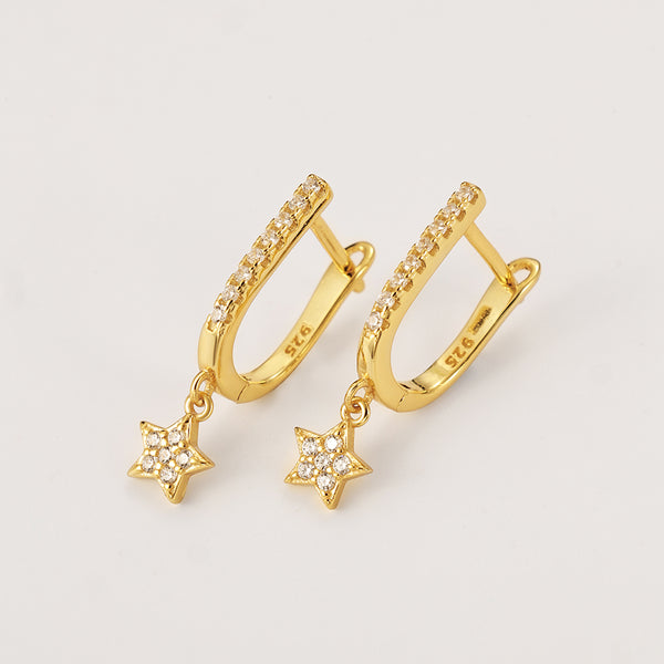 FE2239 925 Sterling Silver Shining Star Dangle U Shape Hoop Earrings