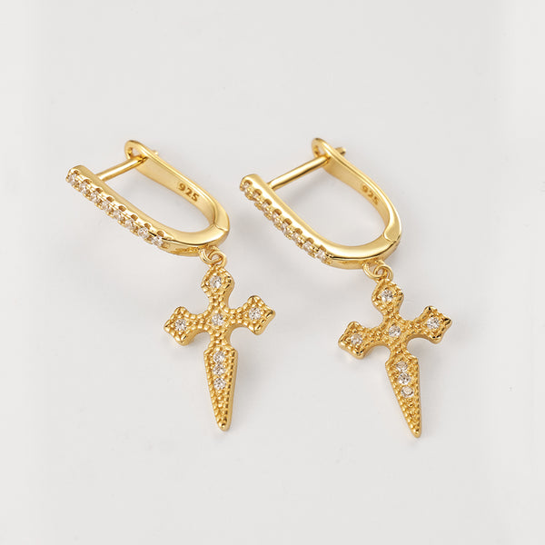 FE2241 925 Sterling Silver Pave Cross Dangle U Shape Hoop Earrings