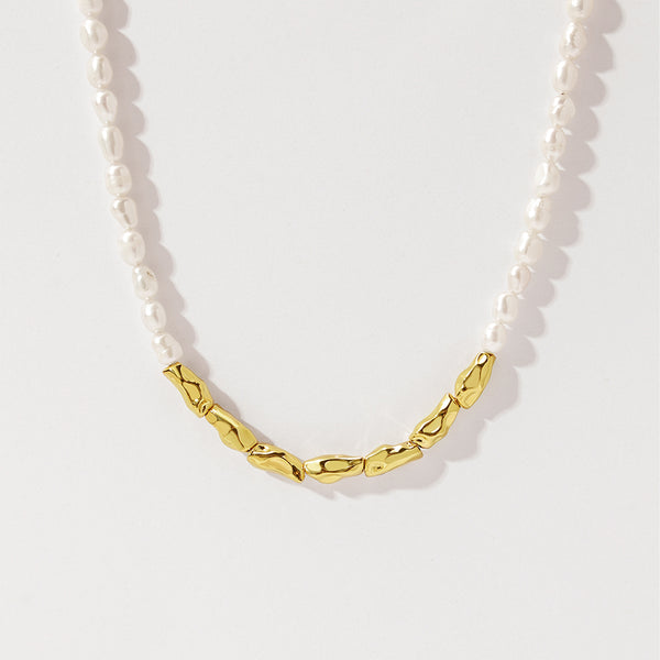 PN0180 925 Sterling Silver Irregular Gold Bead Freshwater Pearl Necklace