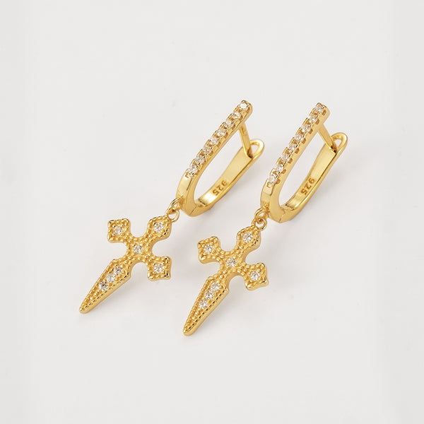 FE2241 925 Sterling Silver Pave Cross Dangle U Shape Hoop Earrings