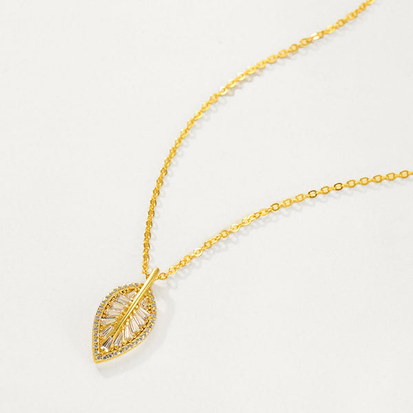 FX1189 925 Sterling Silver Full CZ Leaf Pendant Necklace