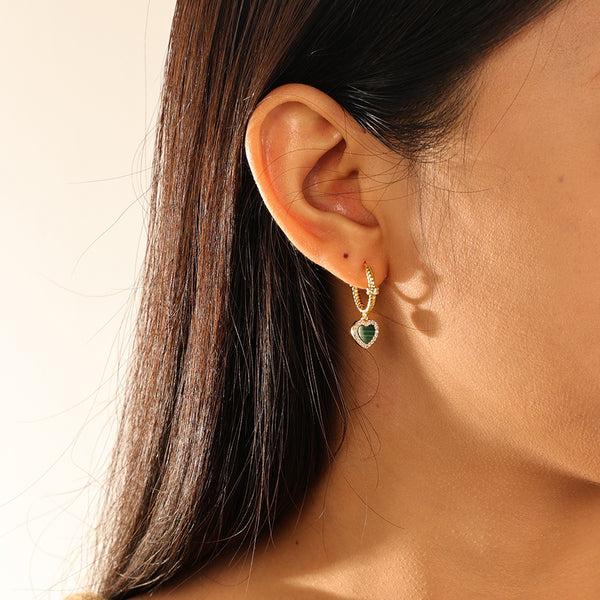 VFE0073 Malachite & CZ Heart Drop Hoop Earrings