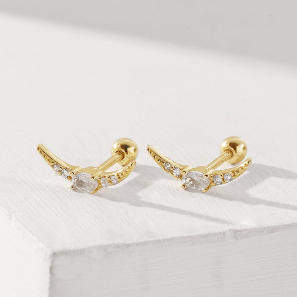 FE2054 925 Sterling Silver CZ Oval Moon Crescent Barbell Stud Earrings
