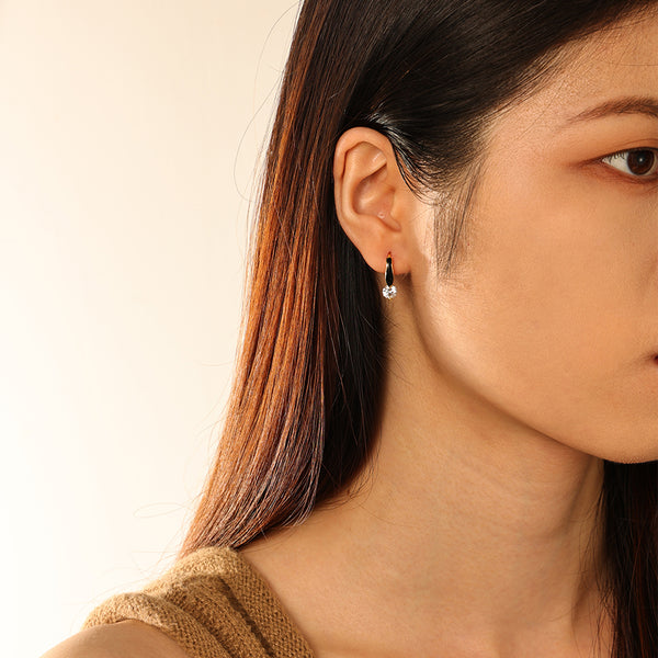 FE2773 925 Sterling Silver CZ Black Enamel Hoop Earrings