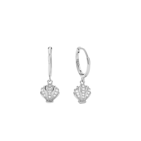 FE2726 925 Sterling Silver Cubic Zirconia Shell Dangle Hoop Earrings