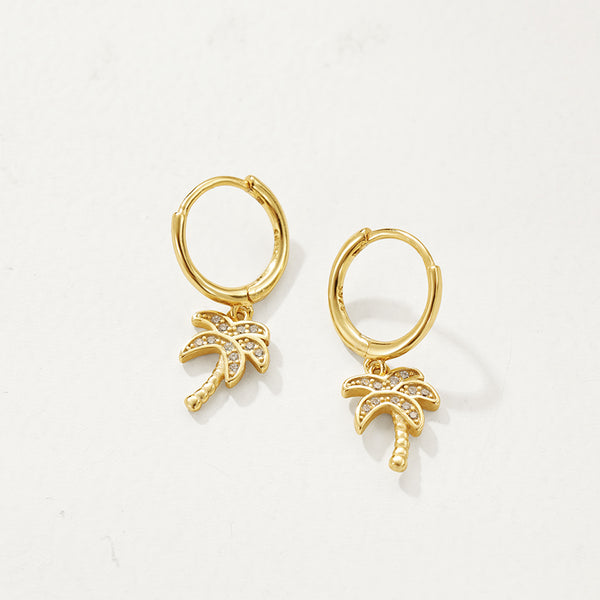 FE2720 925 Sterling Silver Cubic Zirconia Coconut Tree Dangle Hoop Earrings