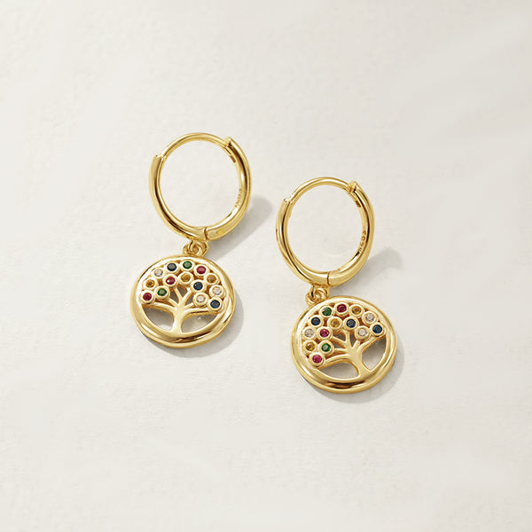 FE2732 925 Sterling Silver Cubic Zirconia Colorful Peace Tree Dangle Hoop Earrings