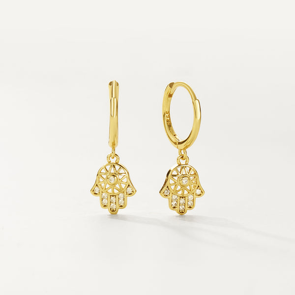 FE2814 925 Sterling Silver CZ Lucky Palm Dangle Hoop Earrings