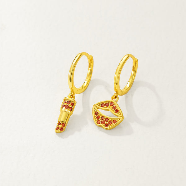 FE2819 925 Sterling Silver Red Zircon Lips & Lipstick Dangle Earrings