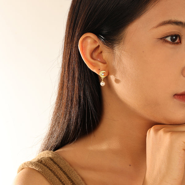 VFE0046 Star Crescent Moonstone Drop Stud Earrings