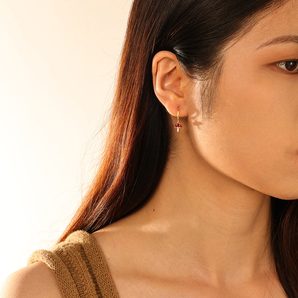 FE2755 925 Sterling Silver Enamel Mushroom Dangle Hoop Earrings