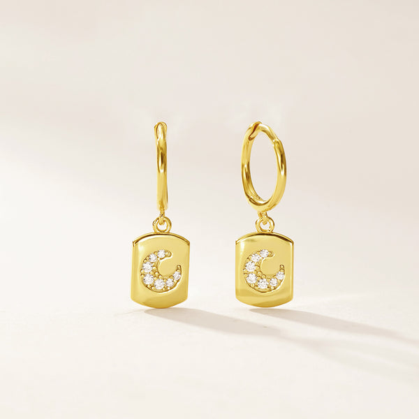FE2955 925 Sterling Silver Square Plate CZ Moon Dangle Earring