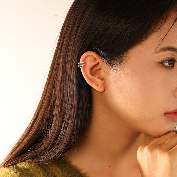 FE3149 Double Circle Green White CZ Ear Cuff