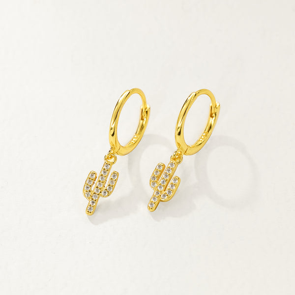FE2812 925 Sterling Silver Pave Cubic Zirconia Cactus Dangle Earrings