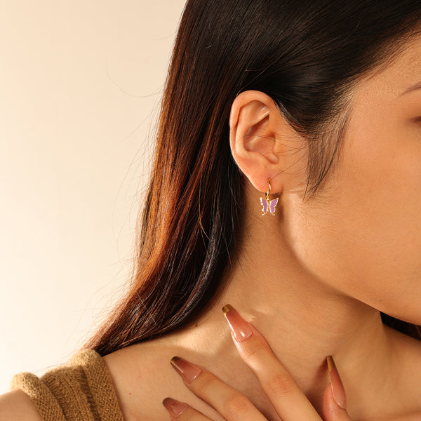 FE2837 925 Sterling Silver Butterfly Enamel Hoop Eaarings