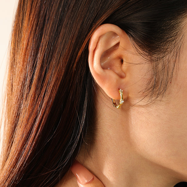 FE2798 925 Sterling Silver CZ Bamboo Hoop Earring