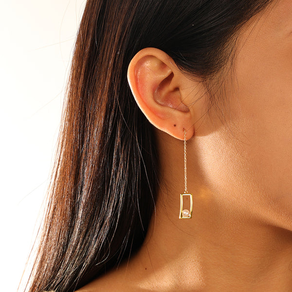 FE2856 925 Sterling Silver Pearl Square Chain Stud Earring