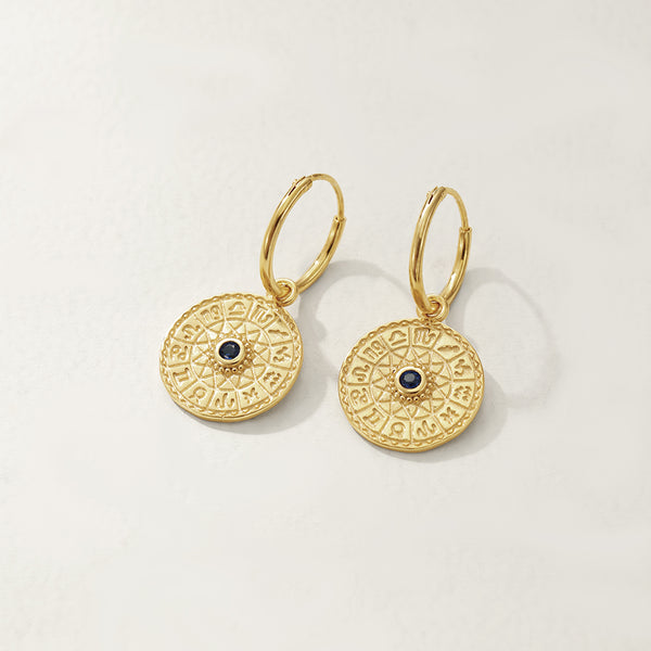 FE2791 925 Sterling Silver 12 Constellation Compass Dangle Hoop Earrings