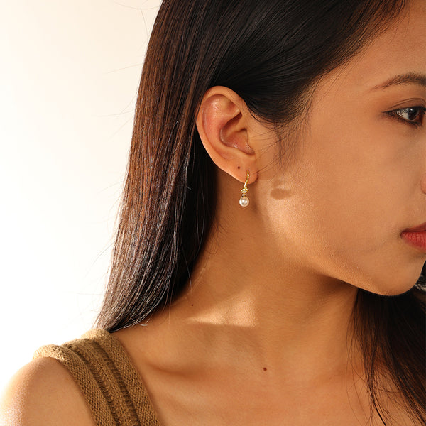 FE2860 925 Sterling Silver Vintage Shell Pearl Drop Hoop Earring