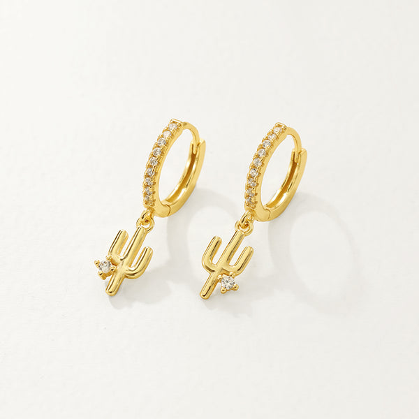 FE2815 925 Sterling Silver Cubic Zirconia Cactus Dangle Hoop Earrings