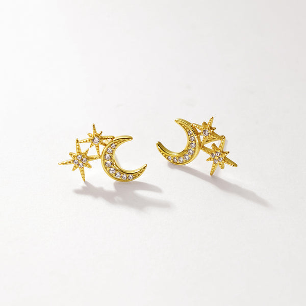 FE2962 925 Sterling Silver Star Crescent Stud Earrings