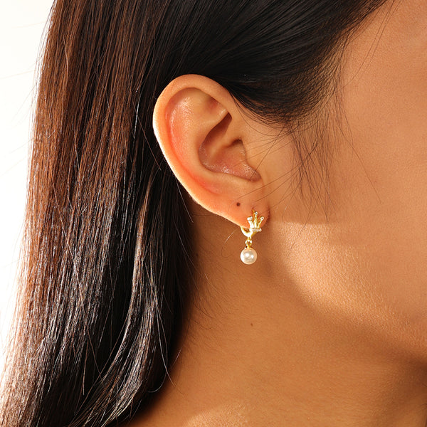 FE2779 925 Sterling Silver Crown Hoop Pearl Dangle Earring