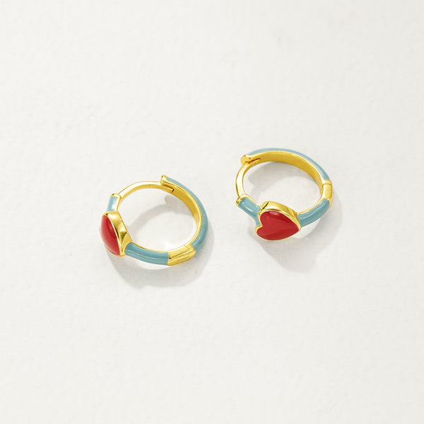 FE2871 925 Sterling Silver Enamel Red Heart Hoop Earrings