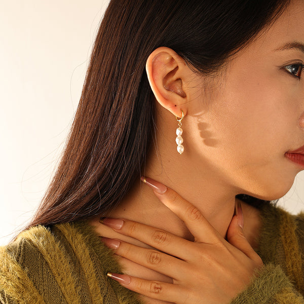 FE3206 Triple Baroque Pearl Drop Hoop Earring