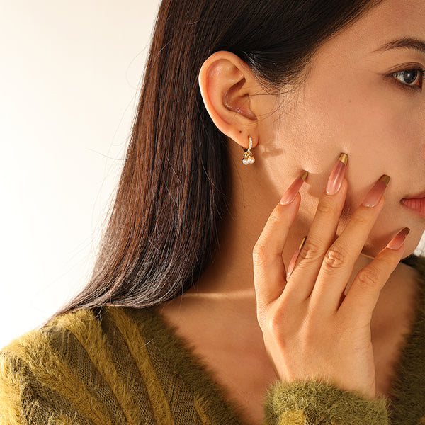 FE3124 CZ & Shell Pearl Dangle Hoop Earring