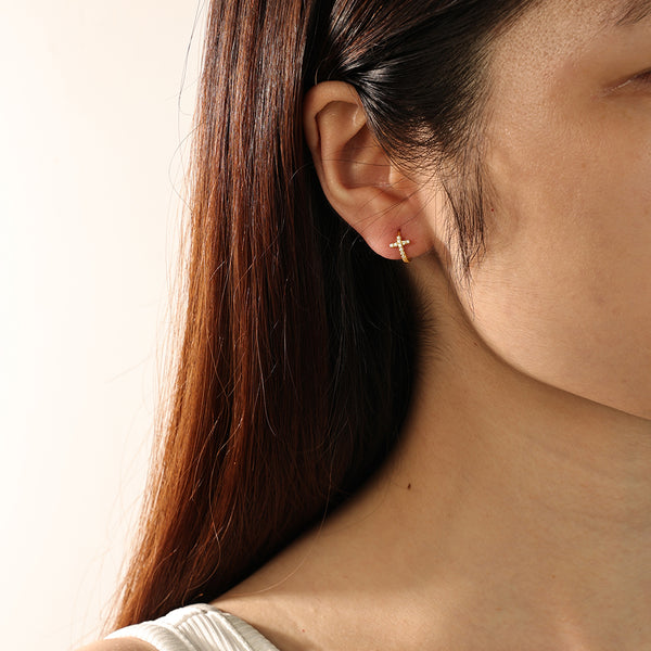 FE2147 925 Sterling Silver CZ Cross Band Hoop Earrings