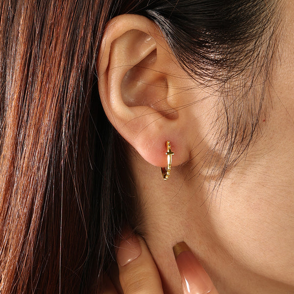 FE2228 925 Sterling Silver Small Beads Polished Cross Hoop Earrings