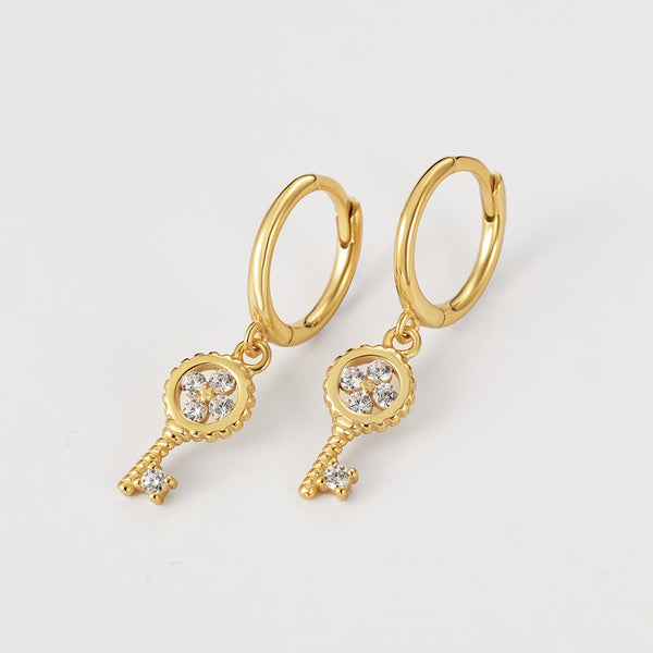 FE2189 925 Sterling Silver CZ Key Dangle Earrings