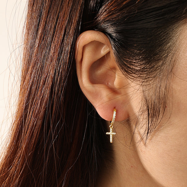 FE2115 925 Sterling Silver Pave Cubic Zirconia Cross Drop Hoop Earrings