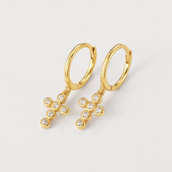 FE2212 925 Sterling Silver CZ Bezels Cross Dangle Earrings