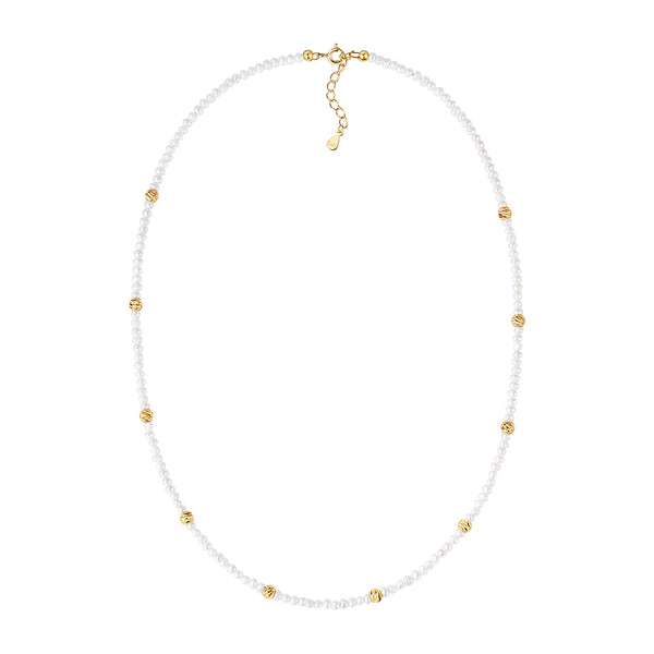 PN0178 925 Sterling Silver Freshwater Pearl Gold Bead Necklace