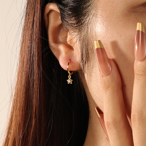 FE2139 925 Sterling Silver CZ Hollow Star Dangle Earrings