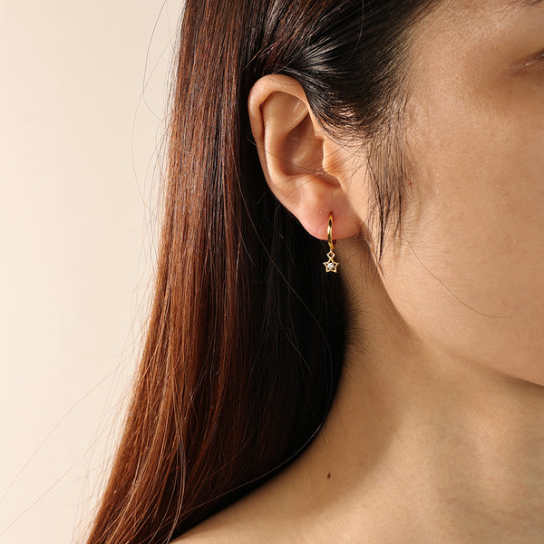 FE2139 925 Sterling Silver CZ Hollow Star Dangle Earrings