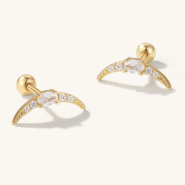 FE2054 925 Sterling Silver CZ Oval Moon Crescent Barbell Stud Earrings