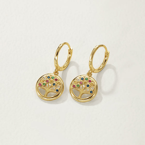 FE2732 925 Sterling Silver Cubic Zirconia Colorful Peace Tree Dangle Hoop Earrings