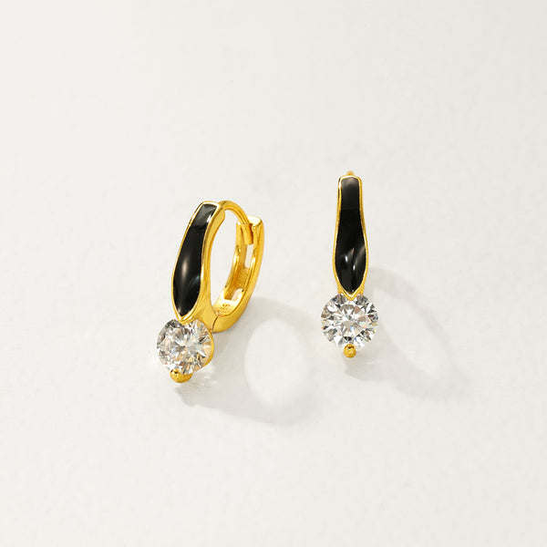 FE2773 925 Sterling Silver CZ Black Enamel Hoop Earrings