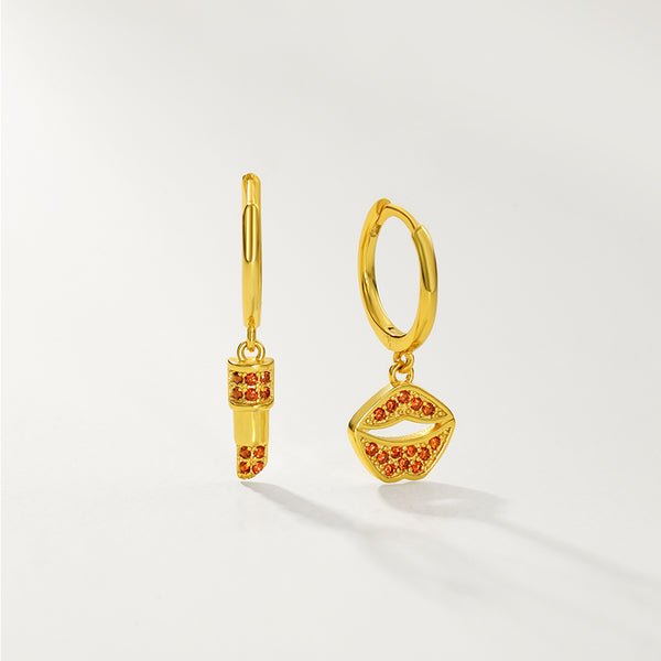 FE2819 925 Sterling Silver Red Zircon Lips & Lipstick Dangle Earrings