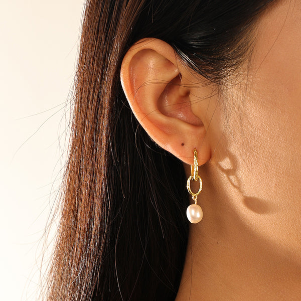 VFE0074 Classic Freshwater Pearl Drop Hoop Earrings