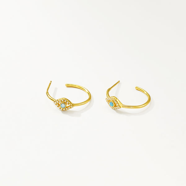 FE2902 925 Sterling Silver Blue Opal Evil Eye Hoop Earring