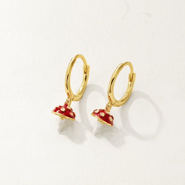 FE2755 925 Sterling Silver Enamel Mushroom Dangle Hoop Earrings