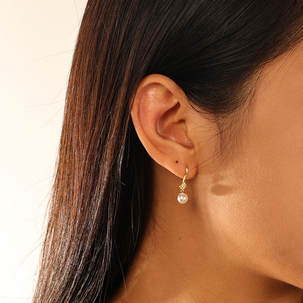 FE2860 925 Sterling Silver Vintage Shell Pearl Drop Hoop Earring