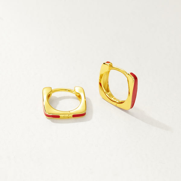 FE2889 925 Sterling Silver Red Enamel Square Hoop Earrings