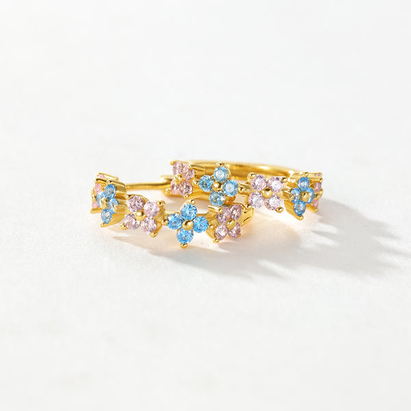 VFE0149 Pink Blue CZ Quartet Flower Huggie Hoop Earring