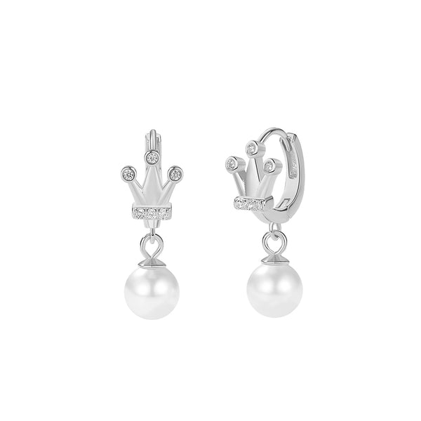 FE2779 925 Sterling Silver Crown Hoop Pearl Dangle Earring